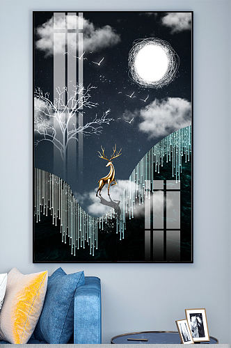 新中式黑色星空麋鹿月亮轻奢晶瓷玄关装饰画