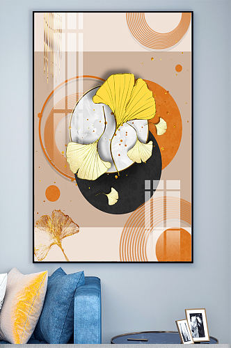 新中式黄色银杏树叶子圆形晶瓷玄关装饰画