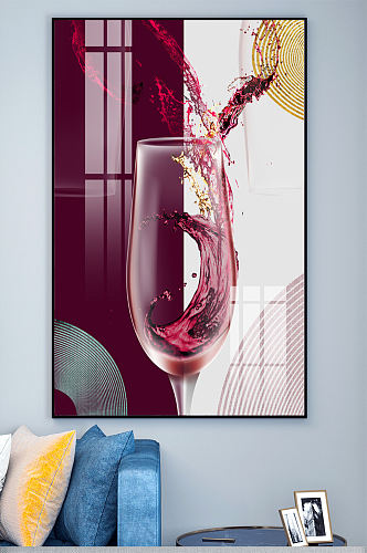 新中式红酒玻璃水晶杯轻奢晶瓷玄关装饰画