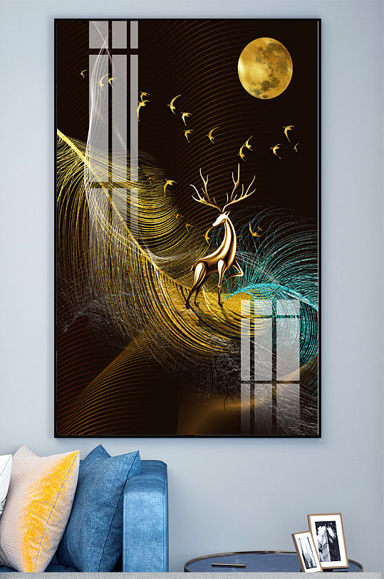 新中式金色麋鹿羽毛月亮轻奢晶瓷玄关装饰画