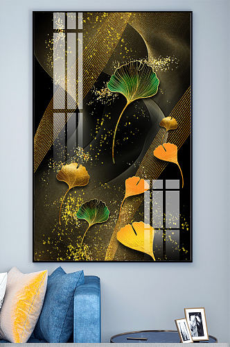新中式鎏金线条金箔银杏树叶子玄关装饰画