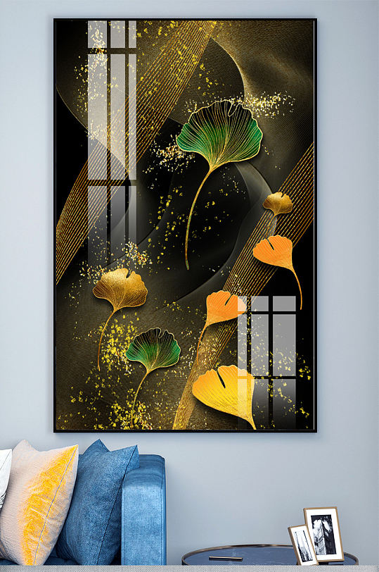 新中式鎏金线条金箔银杏树叶子玄关装饰画