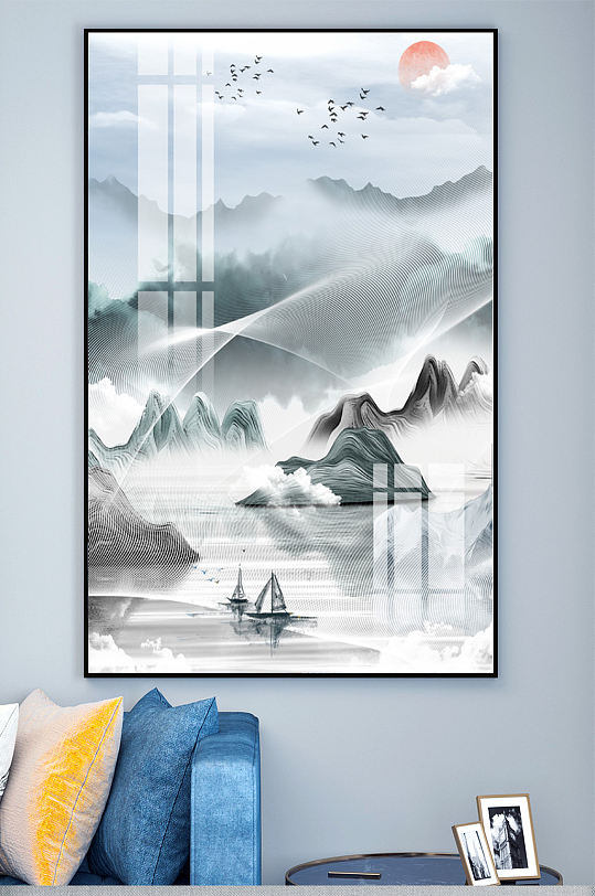 新中式手绘水墨中国风山水玄关装饰画