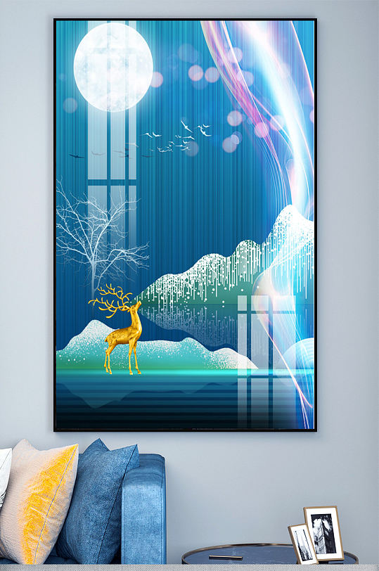 新中式蓝色极光麋鹿太阳月亮晶瓷玄关装饰画