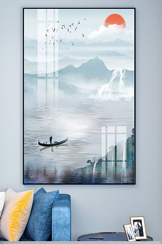 新中式瀑布中国风日出渔船晶瓷玄关装饰画