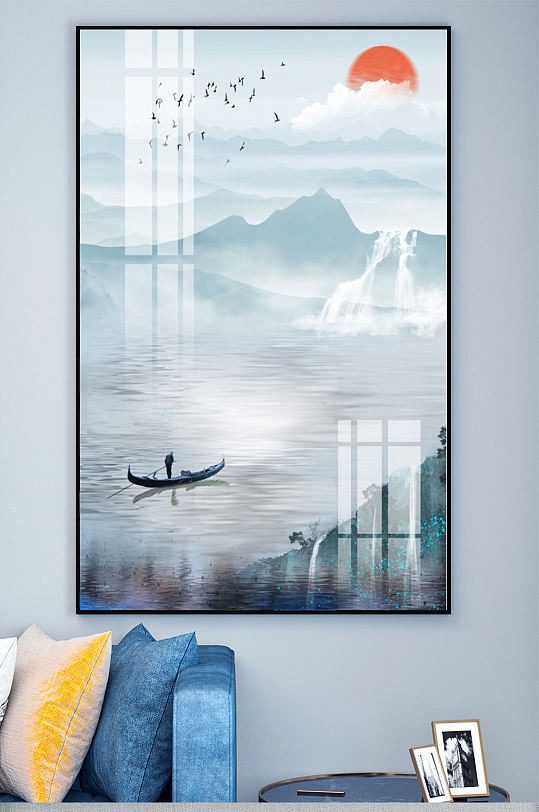 新中式瀑布中国风日出渔船晶瓷玄关装饰画
