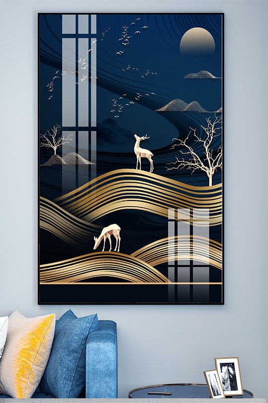 新中式山丘丘陵麋鹿月亮轻奢晶瓷玄关装饰画