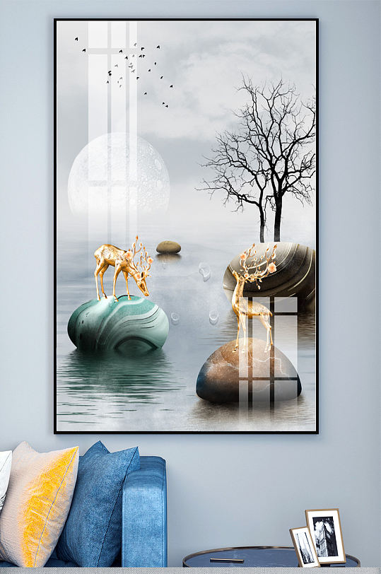 新中式3D立体石头麋鹿大海水玄关装饰画