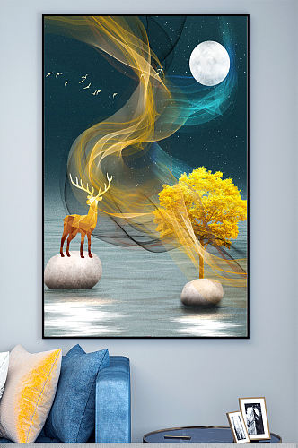 新中式星空石头麋鹿月亮轻奢晶瓷玄关装饰画