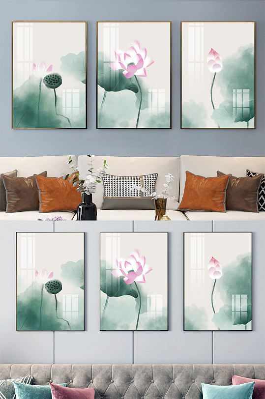 手绘新中式禅意素雅水墨荷花-众图网