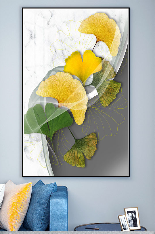 手绘银杏叶客厅壁画装饰画