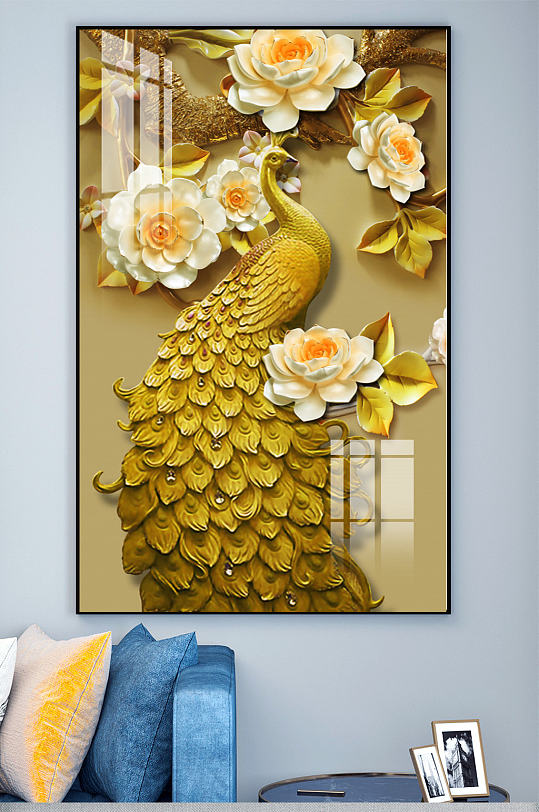 金色孔雀玄關(guān)背景墻裝飾畫