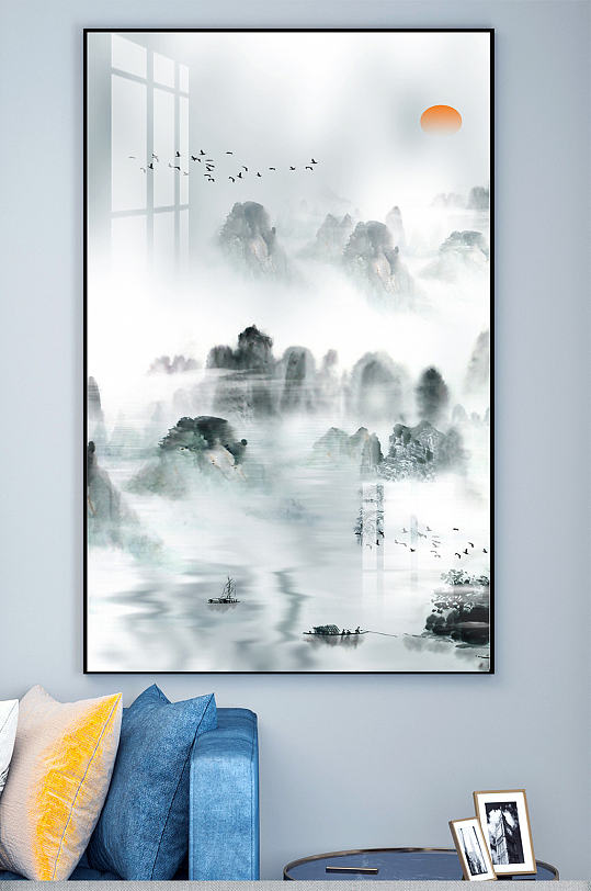 新中式水墨山水玄关装饰画-众图网