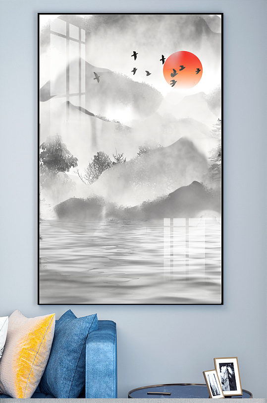 水墨山水太阳玄关装饰画