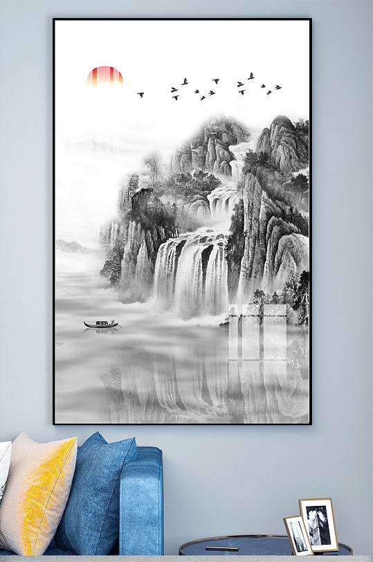 水墨山水瀑布玄关装饰画