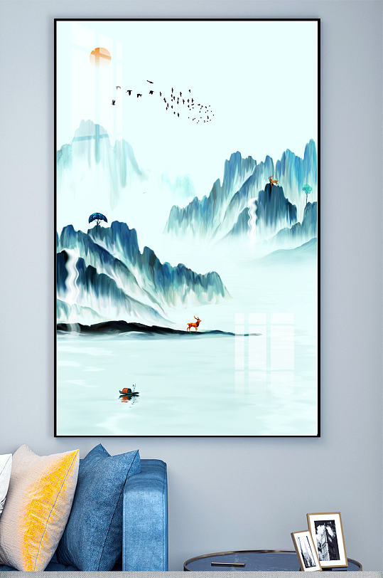 意境麋鹿帆船玄关装饰画