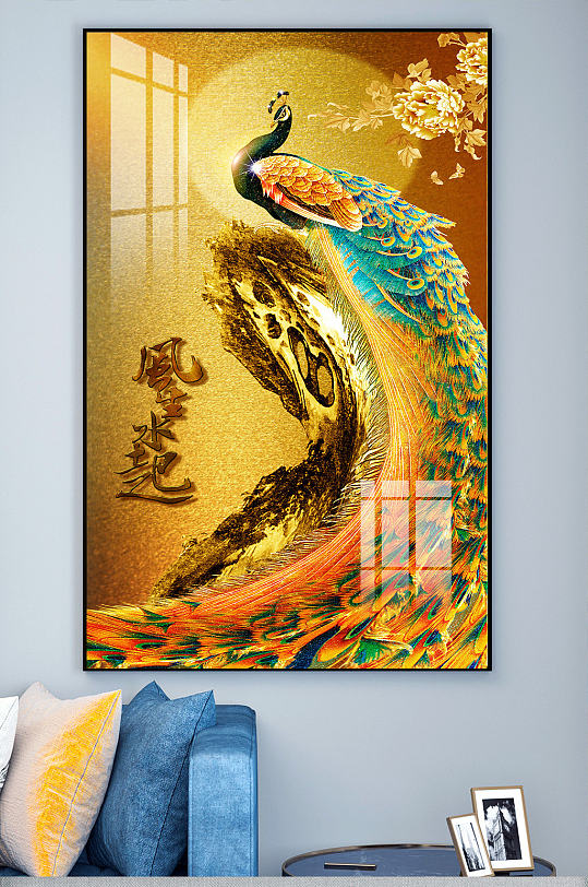 风生水起布艺孔雀玄关画