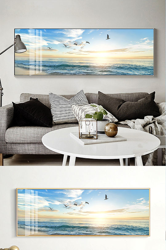 沙滩风景日出海鸥床头画-众图网