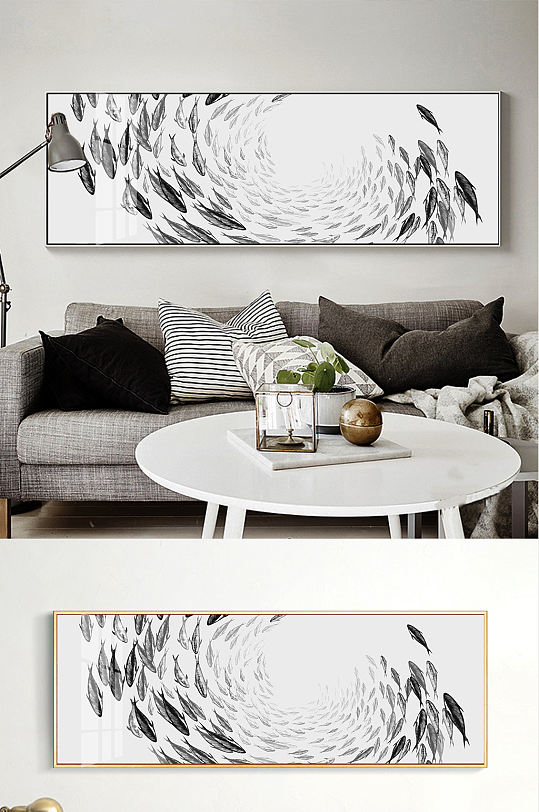 简约沙发背景墙鱼黑白装饰画