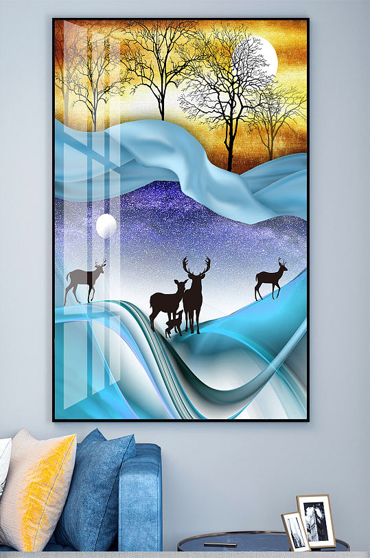 飘带轻奢北欧麋鹿装饰画