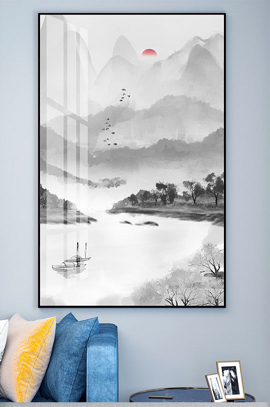 意境水墨山水渔船装饰画