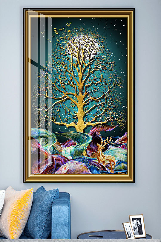 飘带麋鹿浮雕大树装饰画