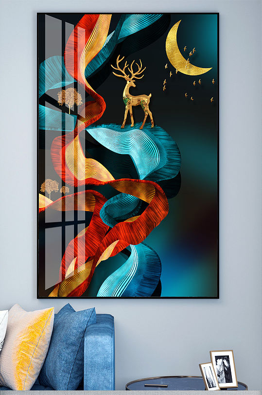 飘带金箔月亮麋鹿装饰画