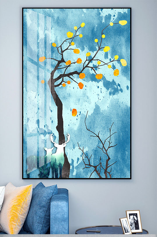 手绘水墨水彩麋鹿装饰画