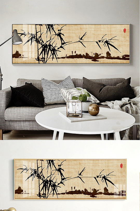 麻布水墨竹子装饰画