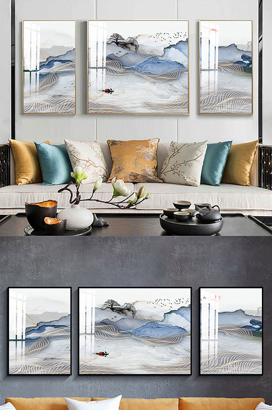 新中式线条意境山水装饰画-众图网