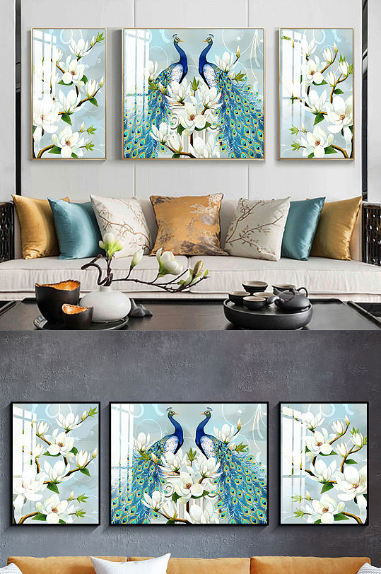 新中式玉兰孔雀装饰画-众图网