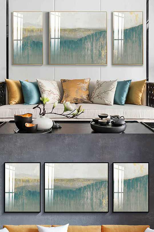 新中式意境手绘三联装饰画-众图网