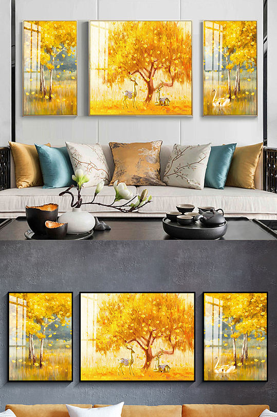 新中式三联麋鹿金色装饰画-众图网