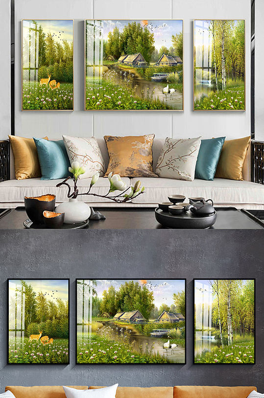 新中式麋鹿木屋装饰画-众图网