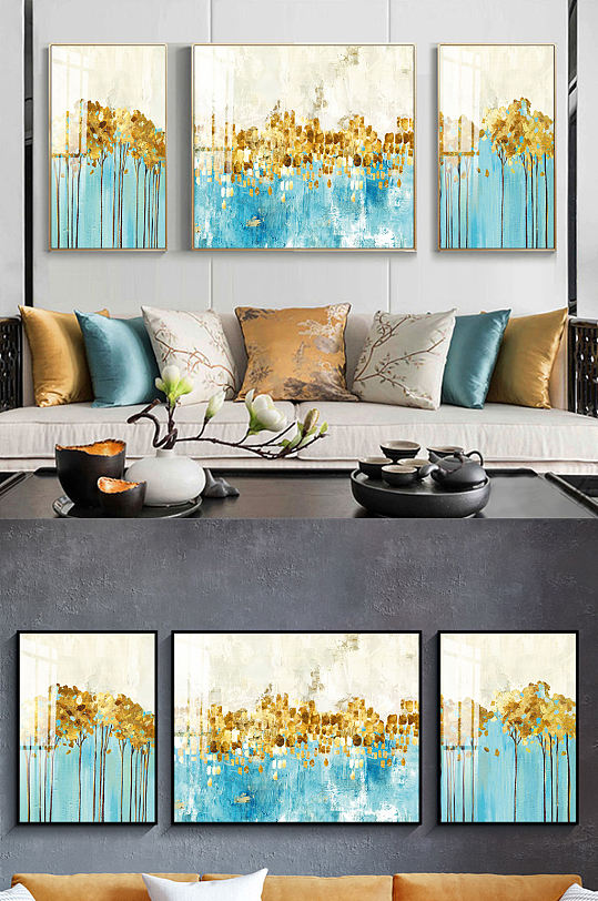 新中式金箔手绘三联装饰画-众图网