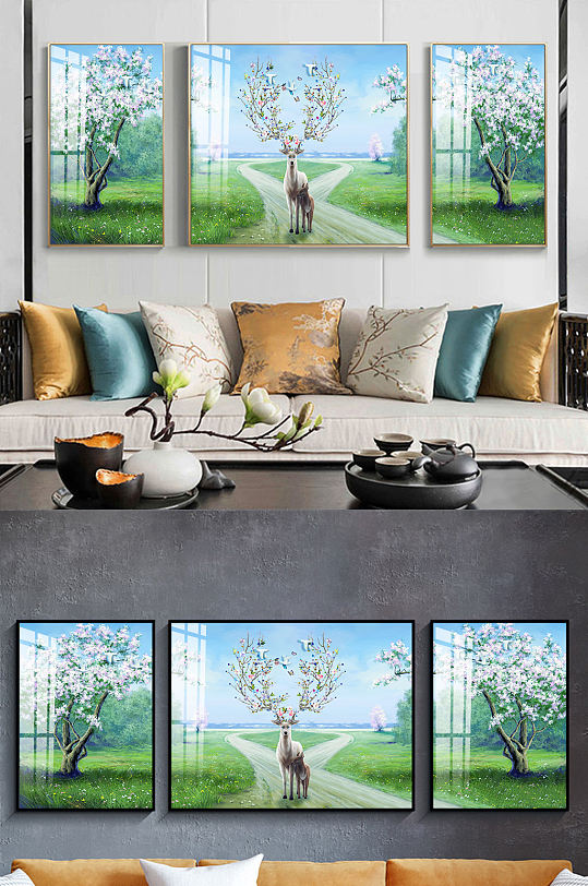 新中式麋鹿梨花三联装饰画-众图网