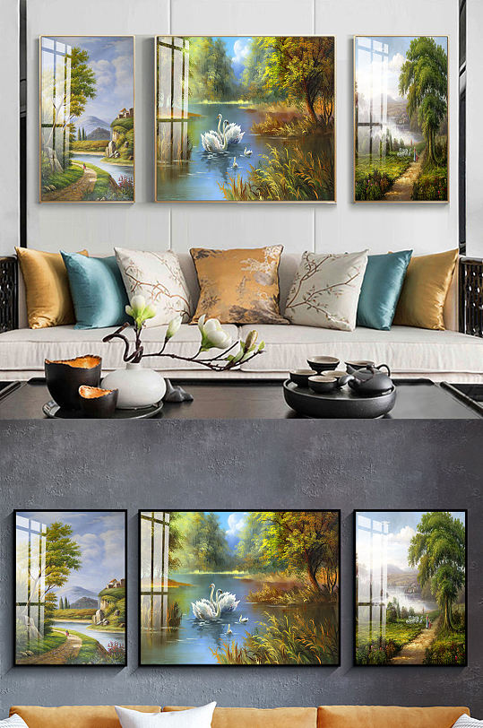 风景田园天鹅三联装饰画-众图网