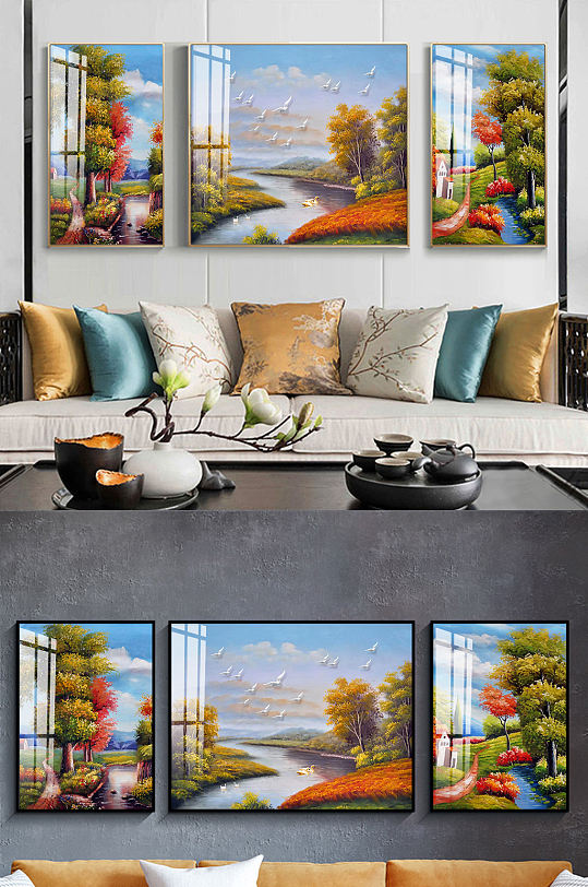 油画北欧风景三联装饰画-众图网