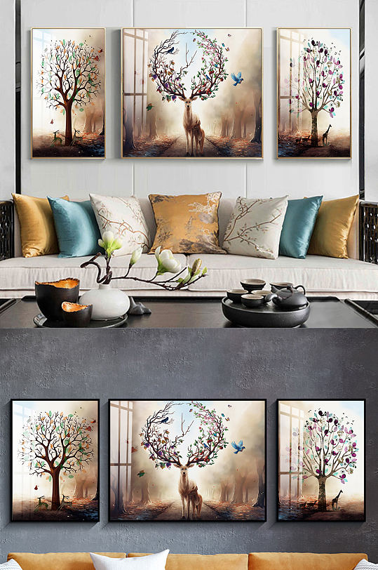 北欧意境麋鹿新中式三联画-众图网