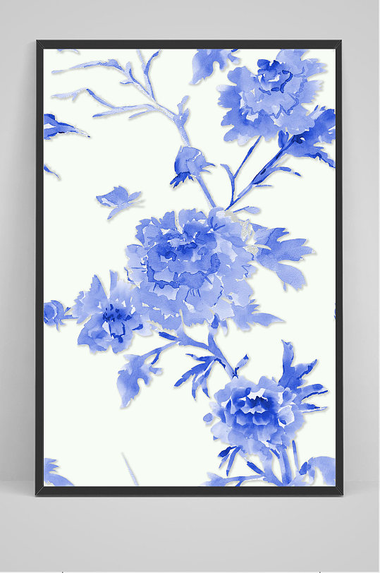 水墨画花卉牡丹花蓝色