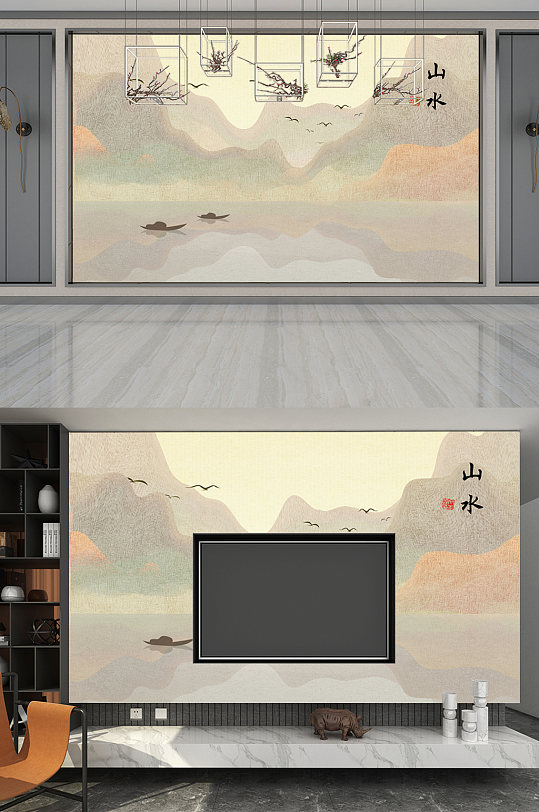 印象山水画背景墙水墨画-众图网