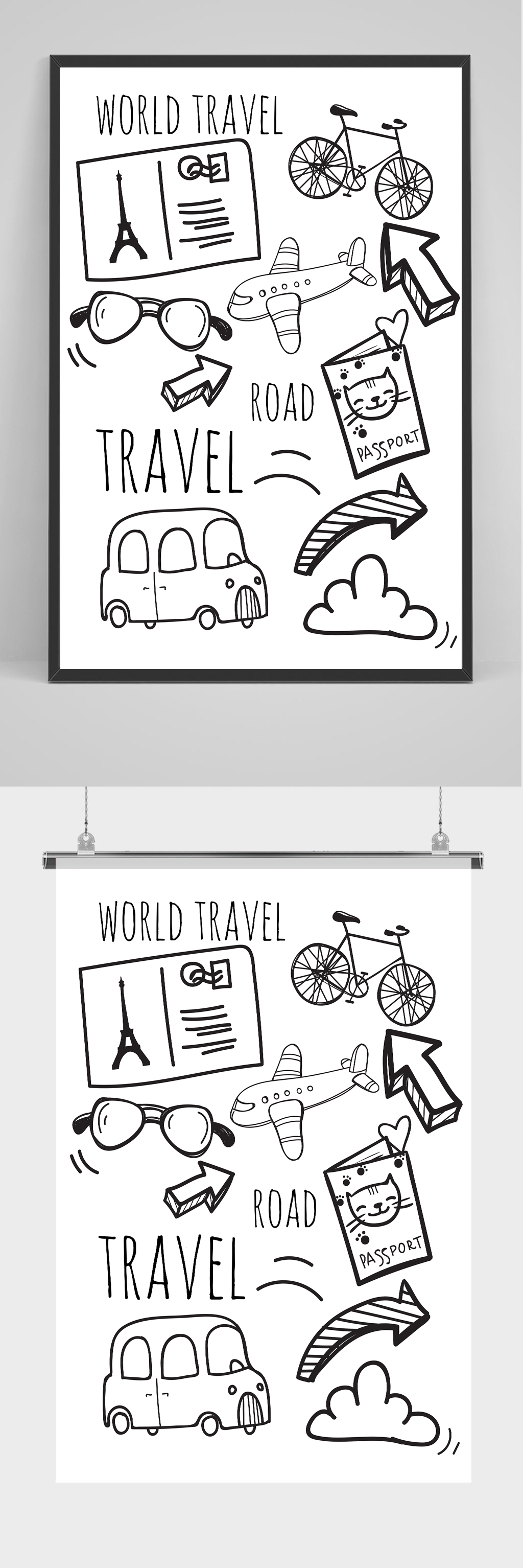 夏季黑白手绘旅行旅游图标素材
