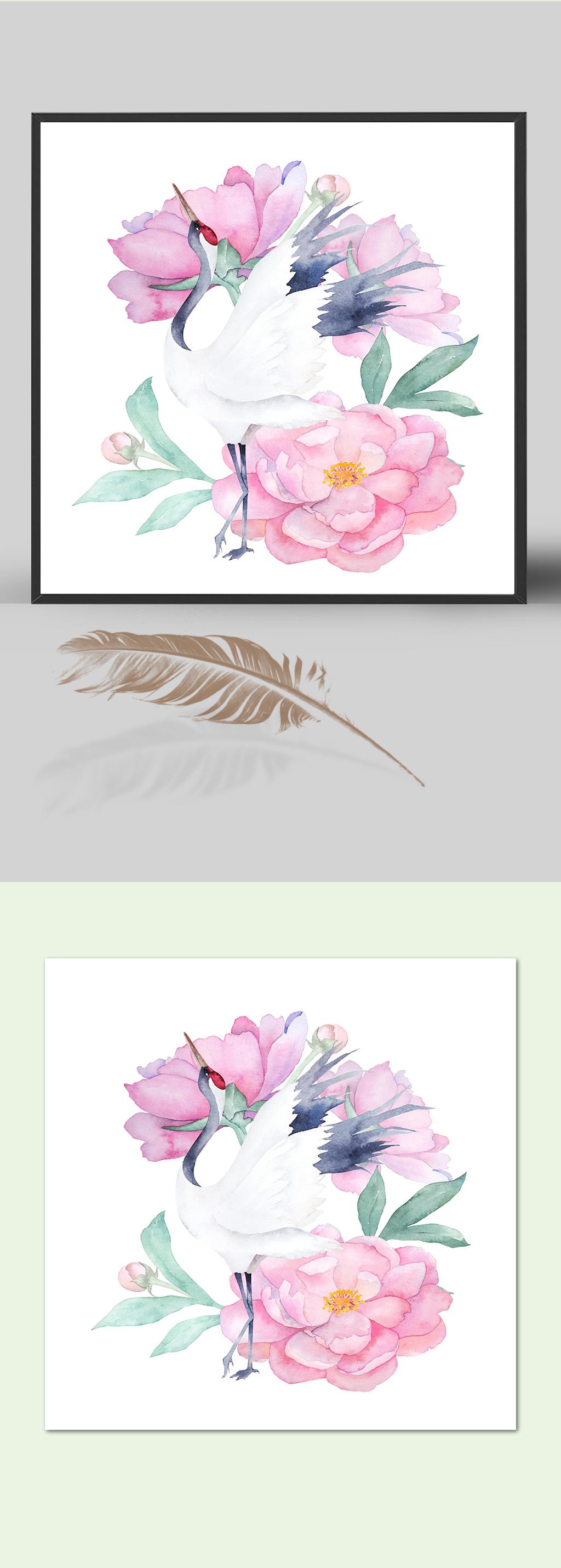 仙鹤牡丹水墨插画写意花卉素材