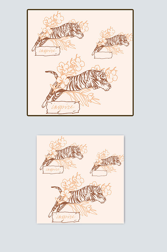 线稿卡通动物老虎和花