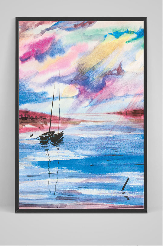 水粉背景海边日出景色