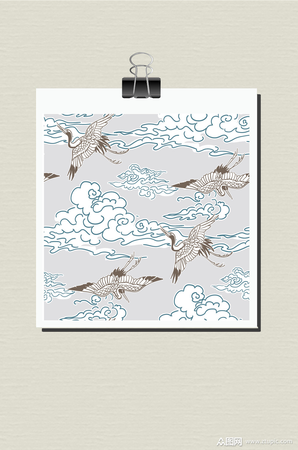 矢量水墨画风格白鹤和云