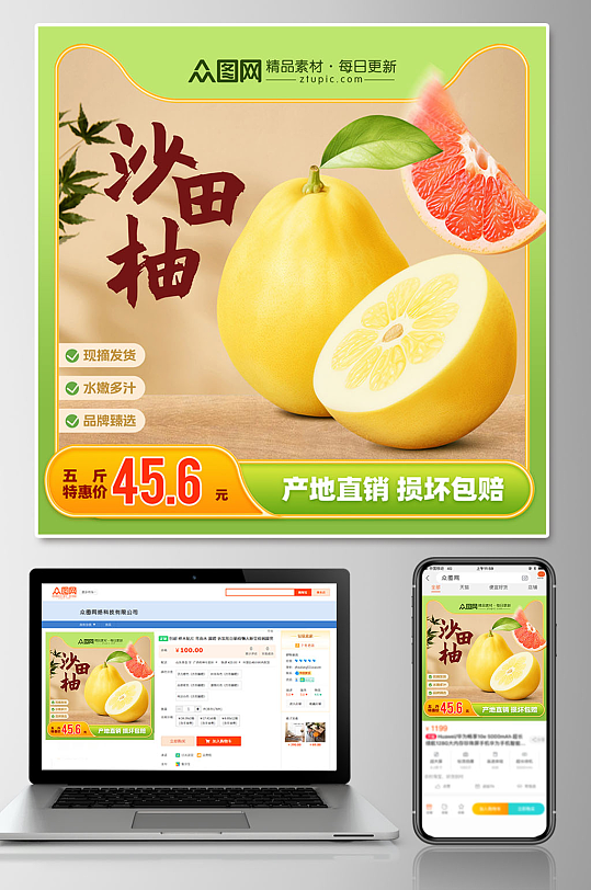 沙田柚新鲜水果电商主图直通车-众图网