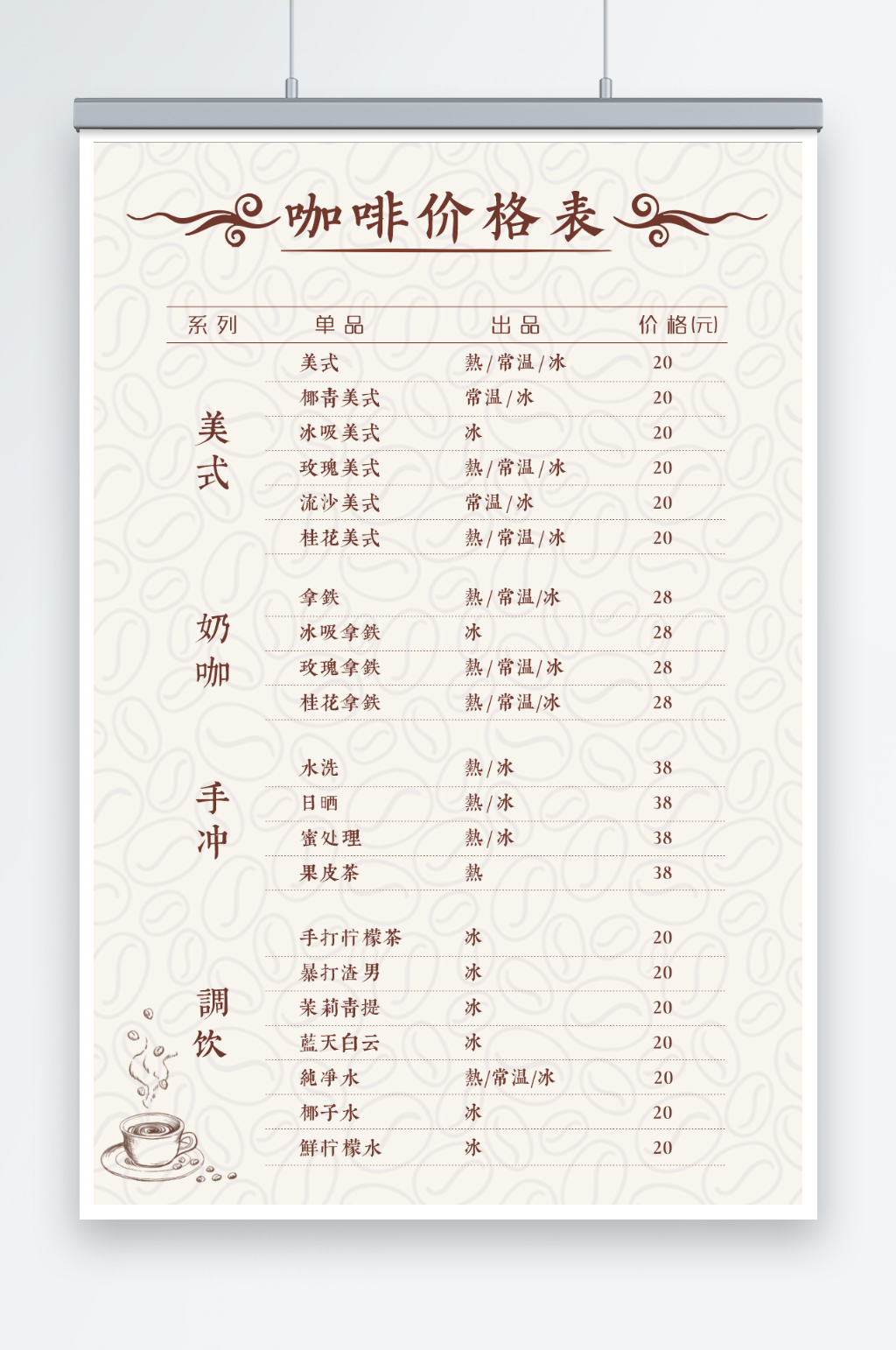 咖啡价格表菜单展板素材