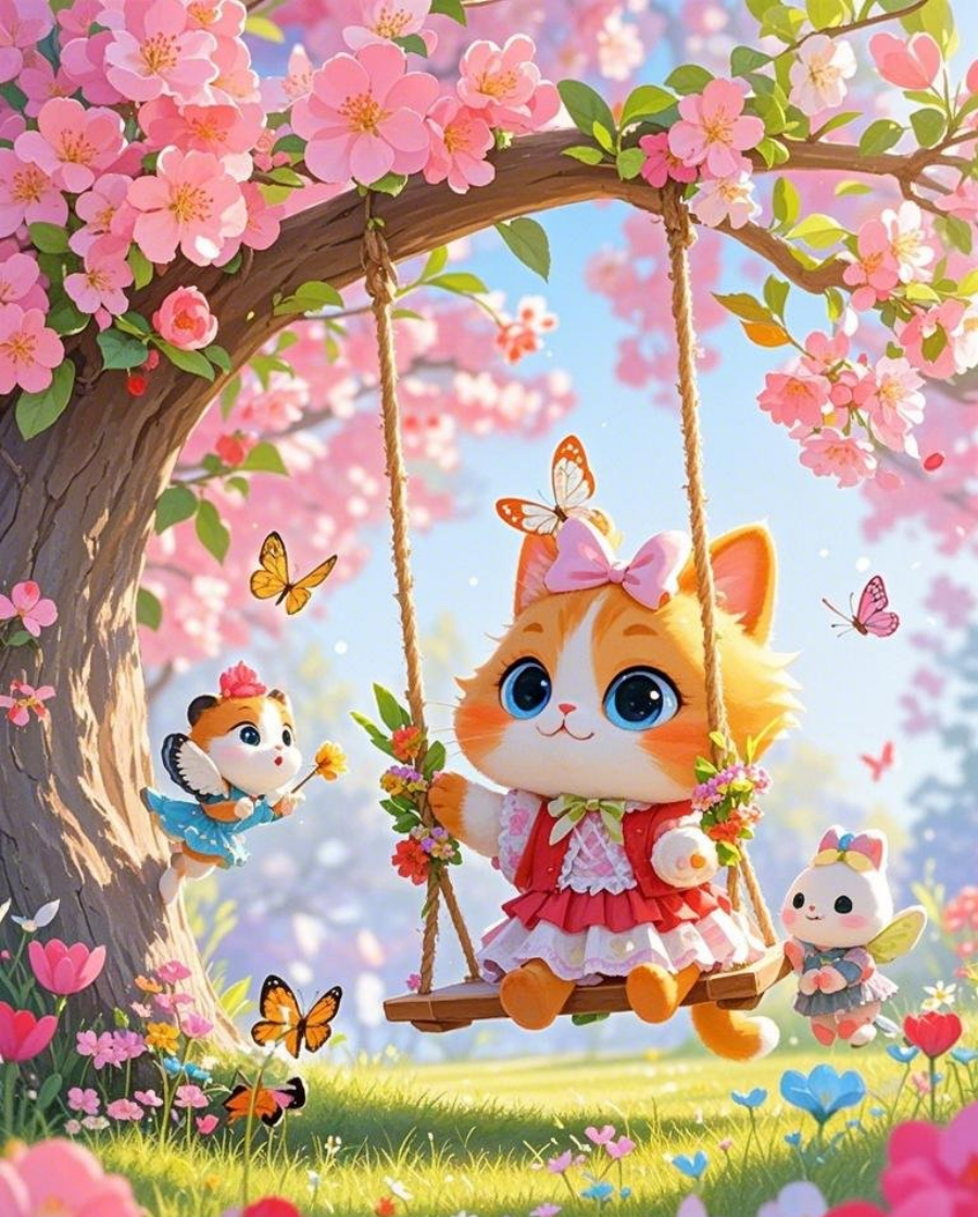 一只拟人化可爱的猫咪坐秋千上秋千挂在素材