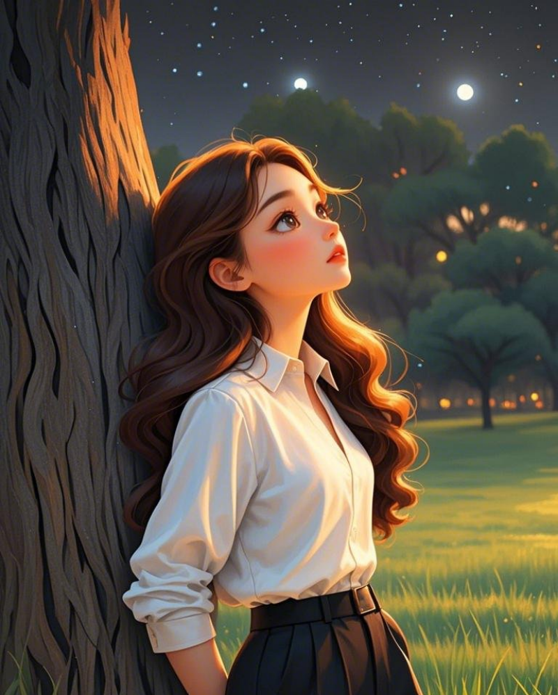 一个忧郁美丽女孩头靠在树上头上扬看着素材